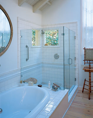 Skylights and windows are also an integral part of the bathroom design. The tile was produced in nearby Long Beach, California.